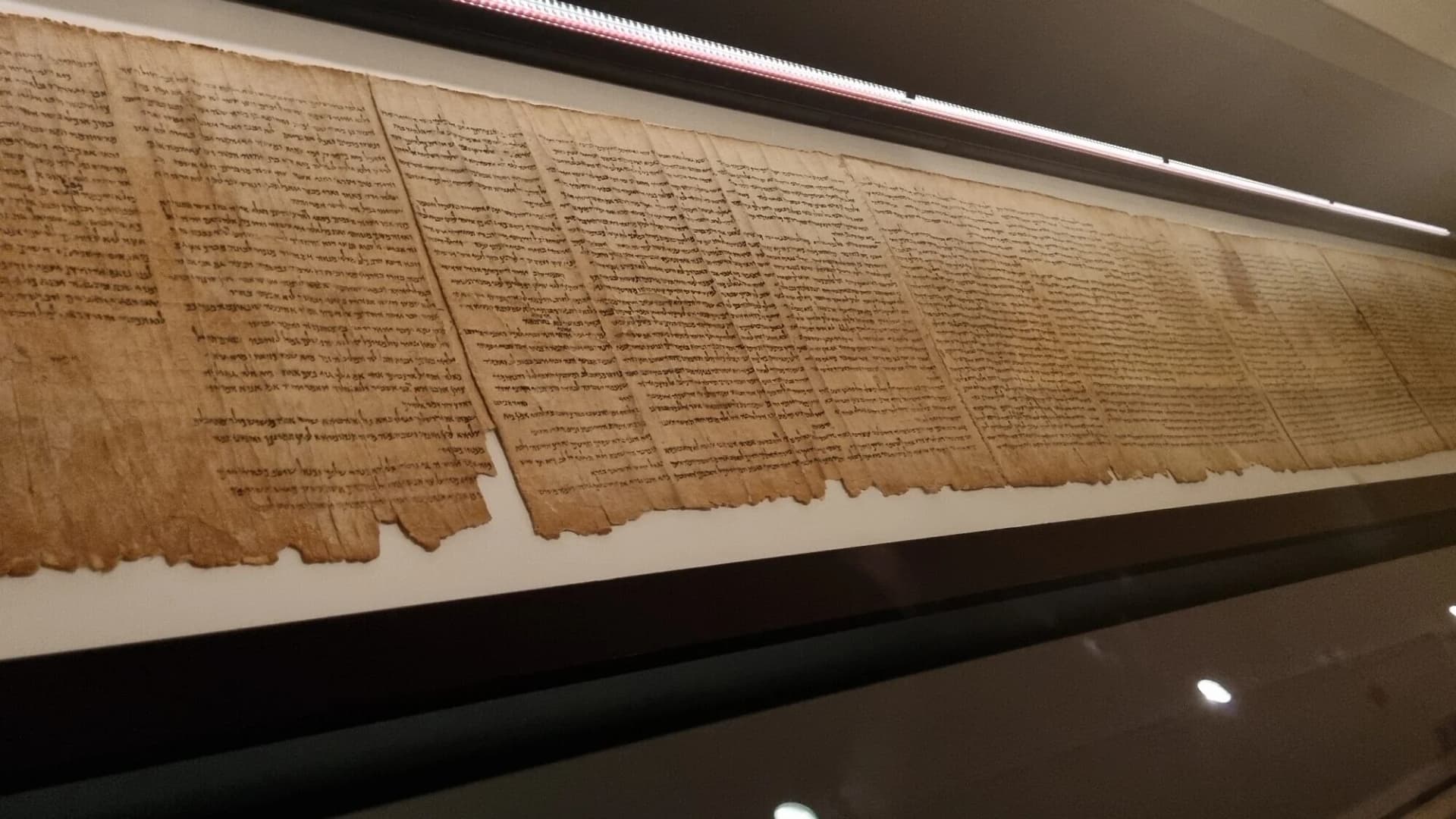 The Great Isaiah Scroll on display, columns of Hebrew text on aged parchment